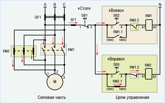 Работа цепей управления при движения вправо